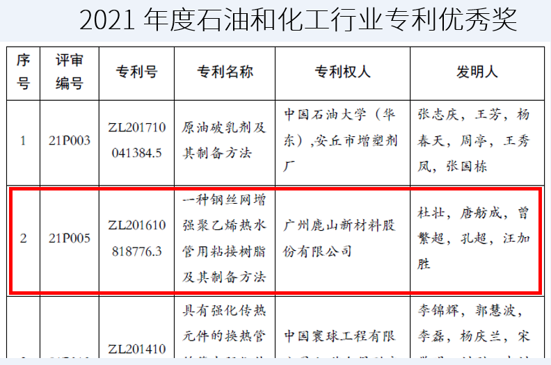 2021年度石油和化工行业专利优秀奖1